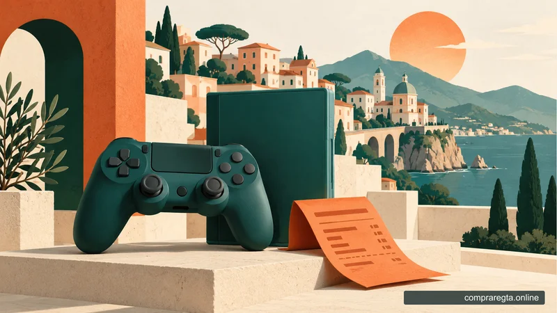 Illustrazione di un controller verde, una custodia e una ricevuta, con una città mediterranea sullo sfondo